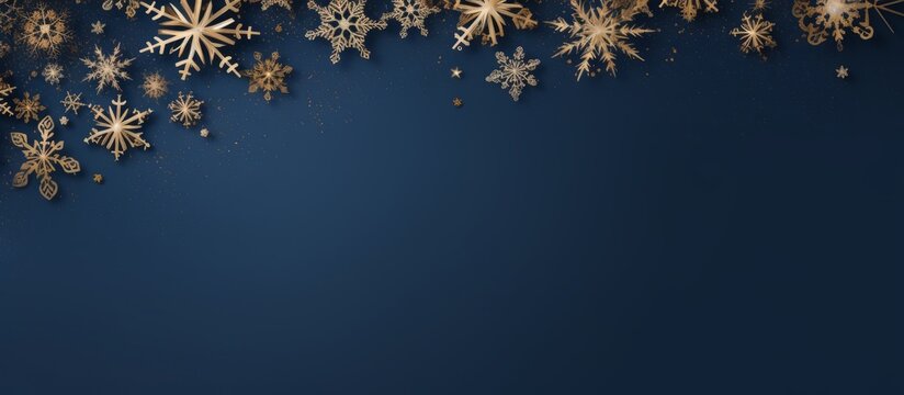Copy space blue Christmas background with golden snowflakes on frame