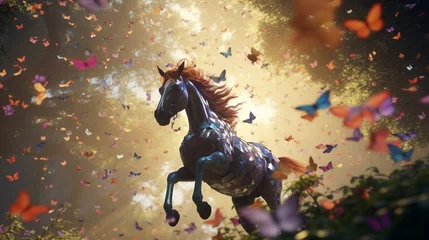 Fotobehang a scene where the amazing forest horse is surrounded by a kaleidoscope of  butterflies in a sun-dappled glade. © Muzamil