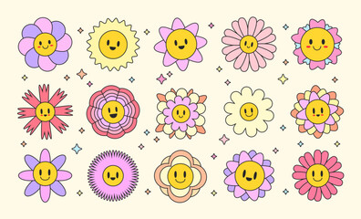 Groovy flower . Cute spring flowers, a colorful set of different flora. Vector set