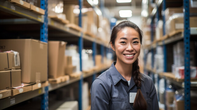 倉庫で働くアジア人女性