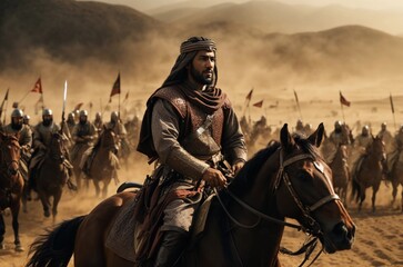 A Muslim commander on horseback, brandishing a raised sword, leads a cavalry charge with a trailing army of horsemen - obrazy, fototapety, plakaty