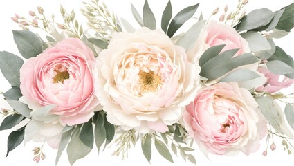 Watercolor Painting Banner, Background. Breathtaking Bouquet Of Delicate Pink Flowers, Roses.