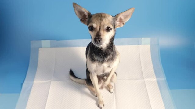 dog nappy, small dog with absorbent diaper pad, urine diaper pet napkin on blue background