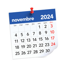 November Calendar 2024 in French Language. Isolated on White Background. 3D Illustration