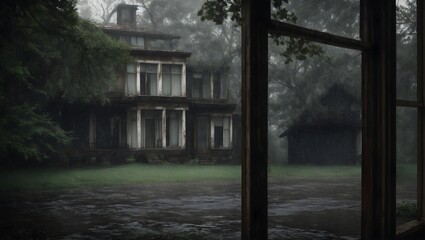 The heavy rain pounds against the windows of an old, abandoned mansion, the only sound in an otherwise silent and eerie landscape. The storm seems to have a life of its own.
