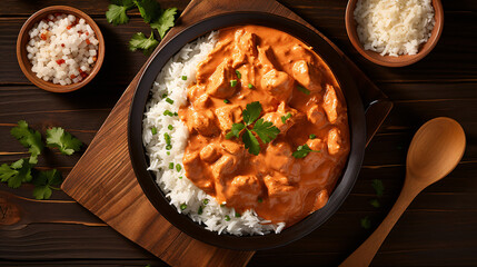 Tasty butter chicken and rice on wooden table flat