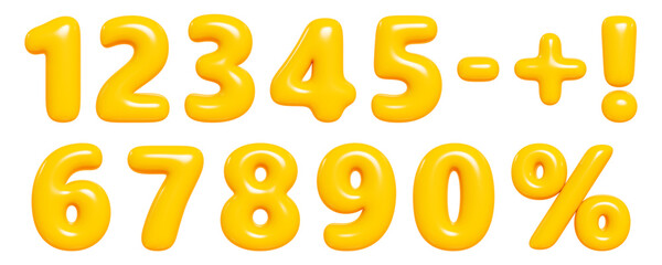 Number 3d set. Render illustration of cartoon yellow glossy inflatable balloon numbers and sign.