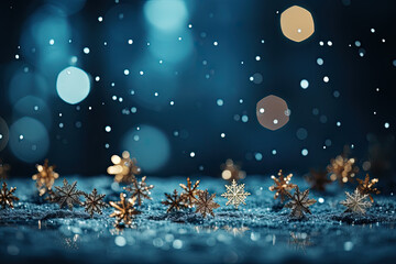Fototapeta na wymiar Golden snowflakes and glitter sparkling lights on background. Christmas festive blue banner