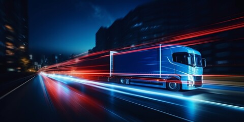 Fototapeta na wymiar Nighttime Truck Motion Blur and Light Trails on Road. Generative ai