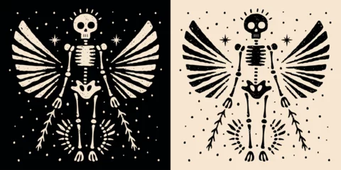 Fotobehang Angel skeleton illustration for witchy gothic Christmas decorations. Creepy holiday season ornament. Vintage dark academia aesthetic scary esoteric decor. Minimalist vector for printable products. © Pictandra