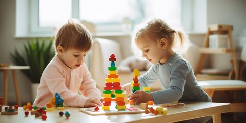 Fototapeta premium Kids Engaged with Educational Toys at Kindergarten. Generative ai