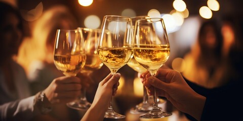 Celebratory Toast with White Wine in Cozy Ambiance. Generative ai