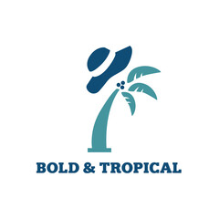 Beach Brand Logo Design with vector illustration of Palm Trees and Hat