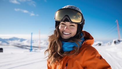 Fototapeta na wymiar jeune femme en tenue de surf sur les pistes de ski en hiver sous la neige