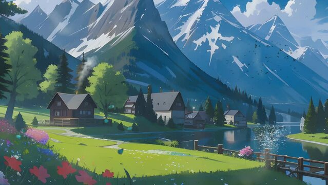 watercolor painting of a beautiful natural village view with mountains, houses, rivers and flowers. Cartoon or anime illustration style. seamless looping 4K virtual video animation background. 