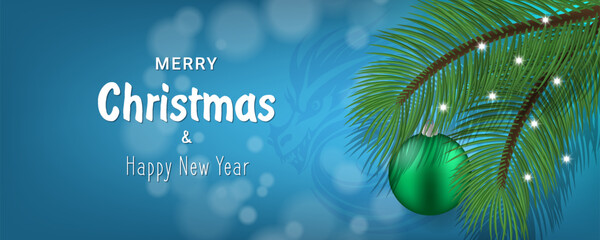 Vector holiday banner. Merry Christmas and Happy New Year. Green spruce branches with a Christmas ball decoration. Blue background with cloudy white spots in bokeh style. Shadow of dragon.