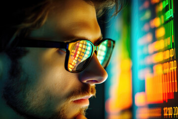 Man with glasses looking at the computer screen with stock market chart reflecting in eyeglasses
