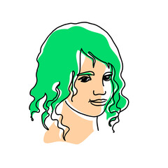  line drawing with color shapes girl face. female linear portrait. Outline kid avatar