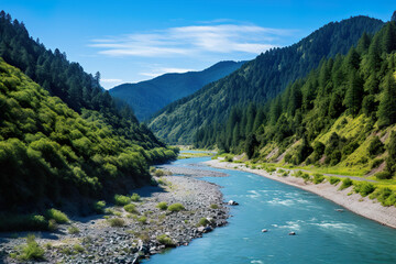 Fototapeta na wymiar River flowing through a mountainous area. Generative Ai