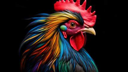 The head of a multi colored rooster on a black background