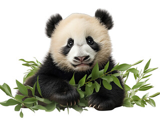 Baby Panda Munching on Bamboo Isolated on Transparent or White Background, PNG