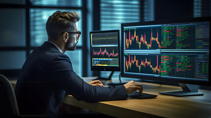 Young trader studies stock market graphs on expansive multi monitor workstations, employing mobile app analytics for cryptocurrency and investment growth chart analysis