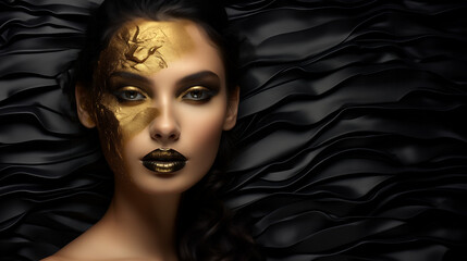 Mujer sobre fondo negro, maquillaje dorado  © Vletal