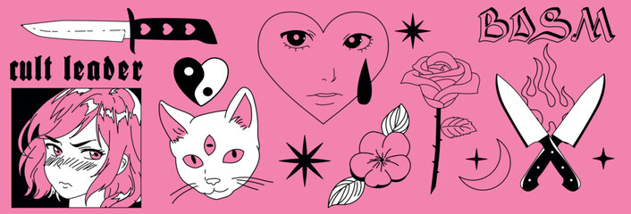 Tattoo Y2k style stickers with illustrations of anime girls, flame, rose flower, knives, heart and other elements in trendy 1990s-2000s style. - obrazy, fototapety, plakaty
