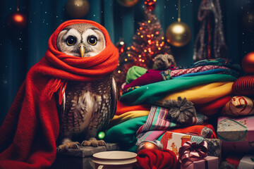 Owl with red scarf celebrate christmas at home. Funny concept.