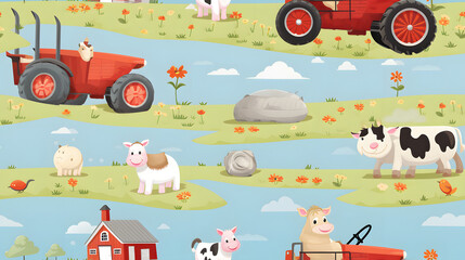 Seamless farm animals, barn, and tractor pattern