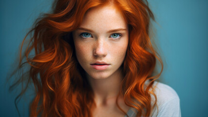 Naklejka premium Portrait of a beautiful red-haired girl with freckles