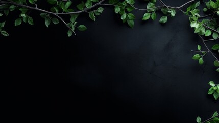 dark background with green branches and leaves with space for text. - obrazy, fototapety, plakaty