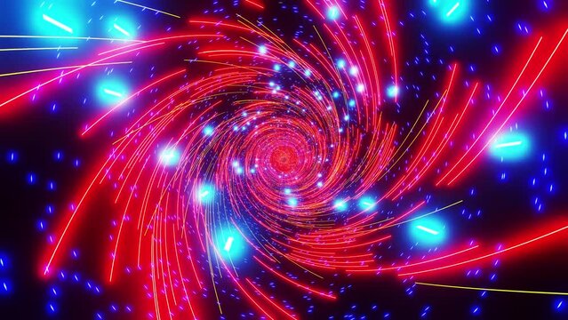 VJ Loop 3D animation. Spiral tunnel with laser neon particles at high speed. Abstract background for video release. DJ visual effects. Visual loops for music. VFX background for music