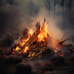 Big bonfire in the forest at night with smoke and firewood. Low angle view to Burning firewood in the forest at dusk. Selective focus.