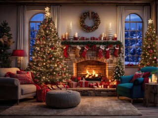 living room decorated with christmas lights, rustic naturalism, bright and vivid colors, fanciful elements, whistling, fireplace, presents, christmas tree, christmas presents
