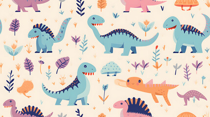 Seamless pattern of playful dinosaurs in pastel colors