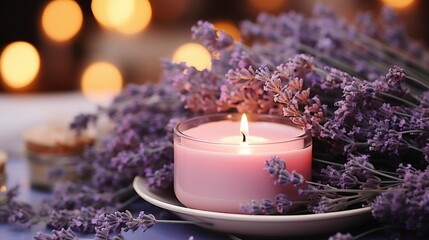 Obraz na płótnie Canvas A Lit Scented Candle Emitting Soft Lavender Glow , Background For Banner, HD