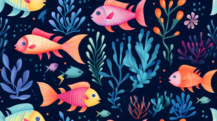 Fototapeta na wymiar Seamless pattern of underwater adventure with fish and corals
