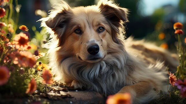 A Mixed-Breed Dog Sitting Beside A Colorful Garden , Background For Banner, HD