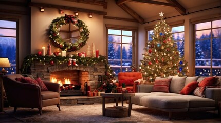 Fototapeta na wymiar living room decorated with christmas lights, rustic naturalism, bright and vivid colors, fanciful elements, whistling, fireplace, presents, Christmas tree, Christmas presents