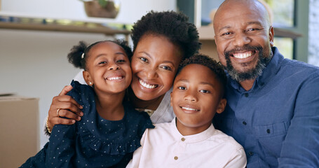 Black family, portrait and smile in home for love, bonding or relationship in living room together....