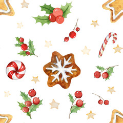 Christmas seamless pattern with red and green watercolor hand drawn elements