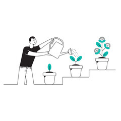 Money trees with coins in pot. Man with watering can for grow currency. Business investment concept. Line trendy illustration