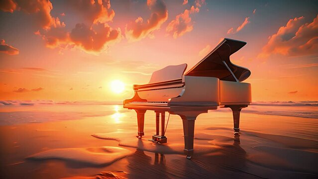 grand piano in scenic sunset beach. Created with generative AI.	
