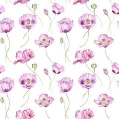 Watercolor pink poppies flowers seamless pattern.