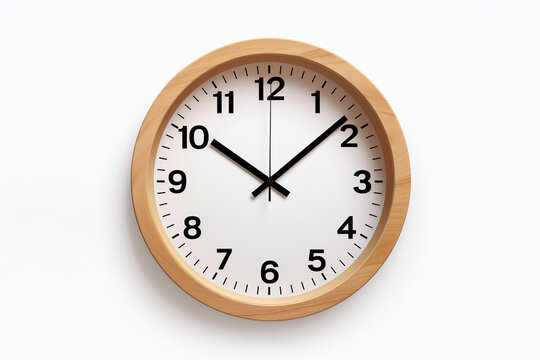 Brown wall clock with wooden rim, isolated on a white background, computer Generative AI stock illustration image