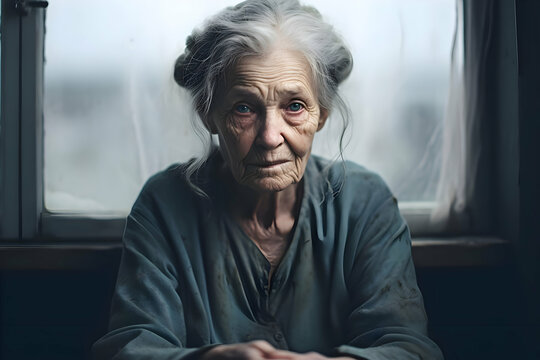 An old senior lady sitting by the window. Sad lose hope in life. Mental health issues. 