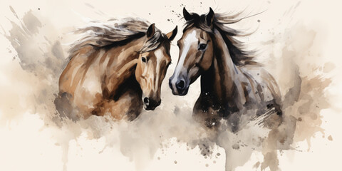 Watercolor illustration of two horses on white background with black streak on a beige-colored background