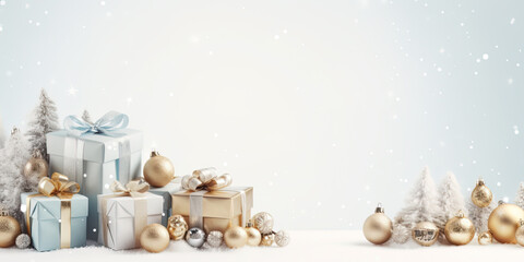 White background with christmas gifts and christmas decorations and copy space