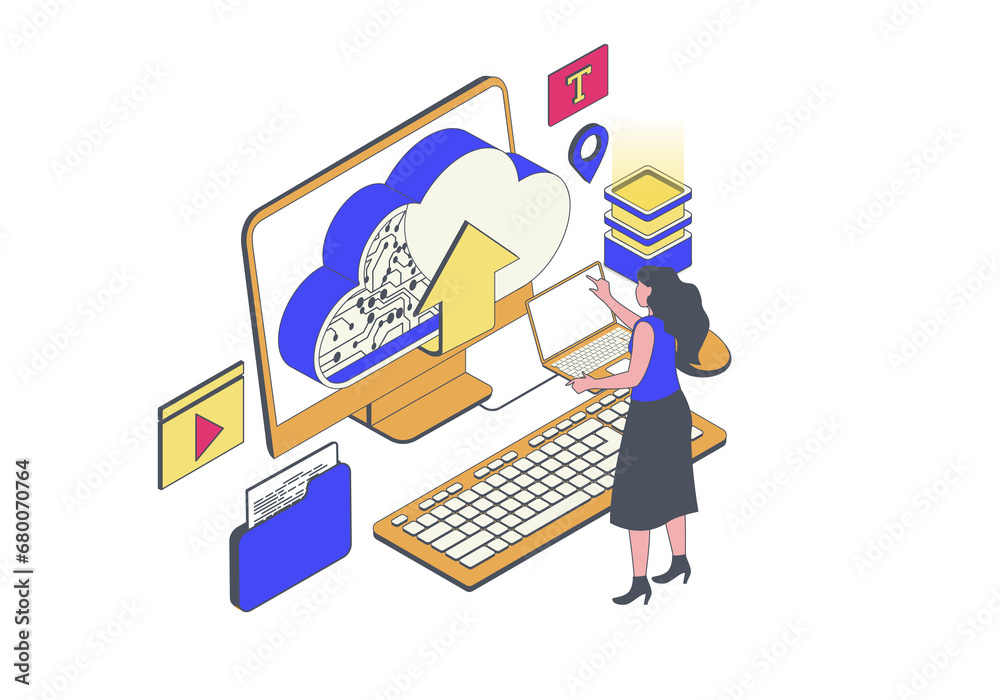 Poster Cloud computing concept in 3d isometric design. Woman works with data processing, sync, uploading and downloading information online. Illustration with isometry people scene for web graphic.